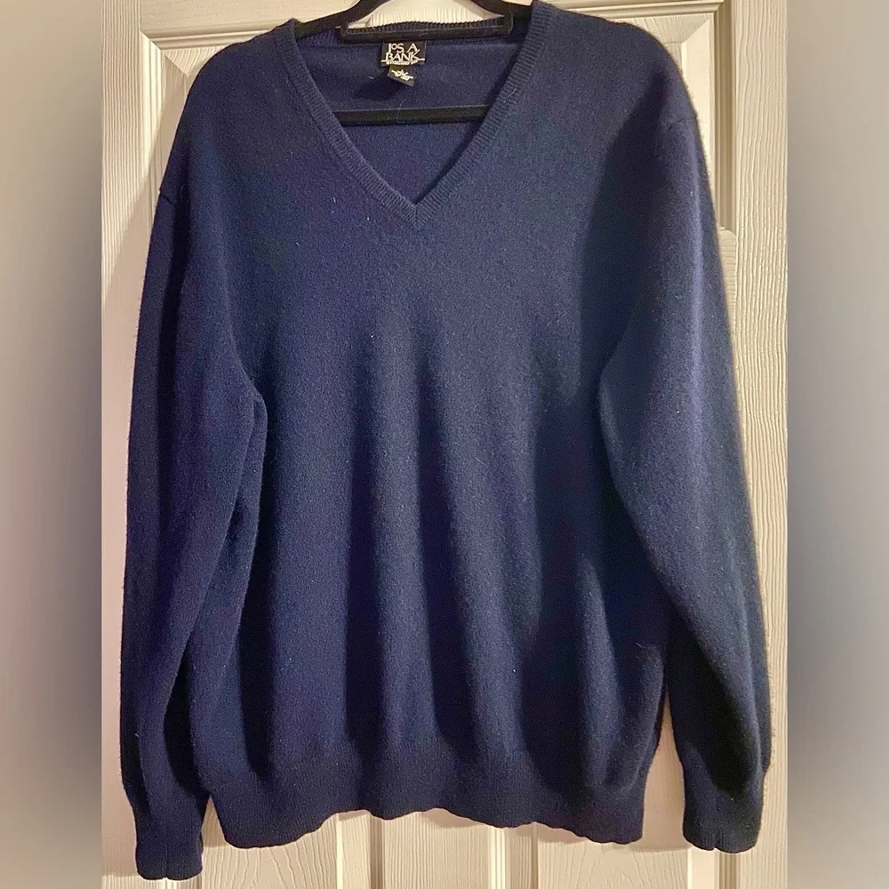 Jos A Bank 100% Cashmere V-Neck Sweater Mens Size L Navy Travelers Collection